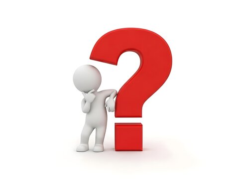 Thinking man standing next to large red question mark