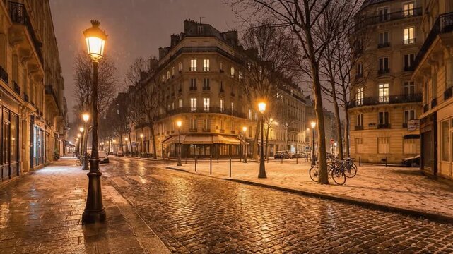 A quiet European street at night with historic buildings, glowing streetlights, and wet cobblestones, creating a calm, atmospheric urban scene with timeless architectural charm.