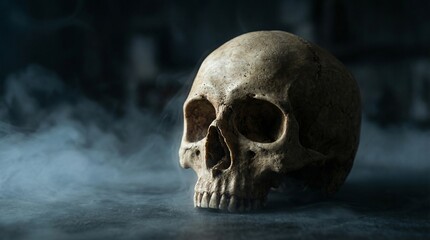 Obraz premium Ultra realistic human skull, detailed bone texture, dramatic cinematic lighting, dark moody atmosphere, subtle fog, high contrast shadows