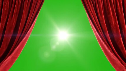 Dramatic red velvet stage curtains gracefully opening and closing to reveal a bright light flare on a vibrant green screen perfect for theatrical productions grand reveals and cinematic transitions f.