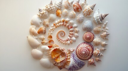 Variety of seashells arranged in spiral pattern on white background