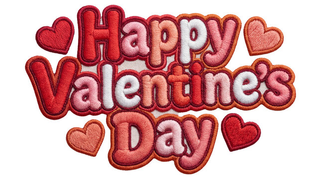  Happy Valentine's Day text, detailed stitched textile hearts and lettering in pink and red, romantic holiday greeting design element