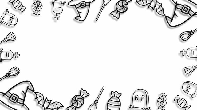 White halloween frame with witches hats brooms and spooky candy - Powered by Adobe