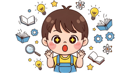 A young boy excitedly surrounded by books and light bulbs and science symbols