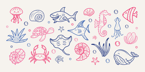Vintage hand-drawn cute sea animals, shells, and plants in sketch style. Line drawing. Vector illustration.