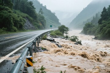 Flooded mountain road with rushing muddy water overtake guardrail during heavy rainstorm