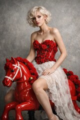 A blonde woman in a red floral corset and white lace skirt sits atop a glossy red rocking horse in a studio.
