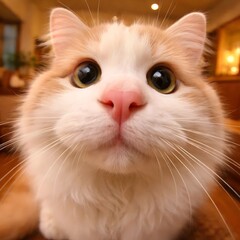 An adorable ginger and white fluffy cat stares directly into a wide-angle lens with a curious expression.