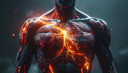 Full human torso showing biomechanical organ fusion of flesh wires and glowing energy systems cores