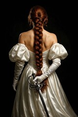 A woman with a long red braid stands in a white satin gown while holding a sword behind her back.