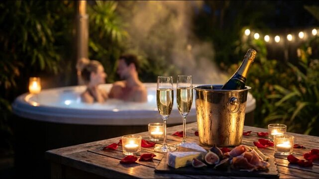 A romantic Valentine&rsquo;s Day spa scene with candles, champagne, and a private jacuzzi for couples, creating an intimate, luxurious atmosphere of love and relaxation.