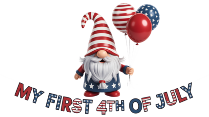 Adorable patriotic gnome celebrating his first 4th of july with festive balloons isolated on transparent background