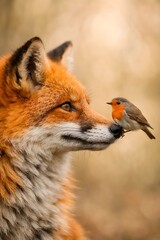 A gentle red fox gazes calmly at a small european robin perched delicately on the tip of its black nose.