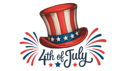 Vintage style american flag top hat illustration for independence day celebration isolated on transparent background