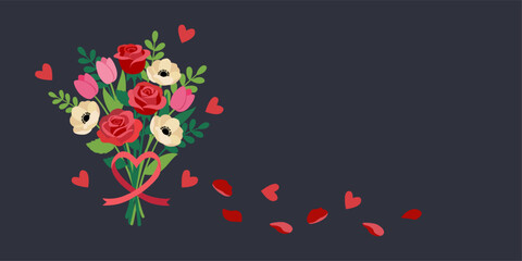 Cute hand-drawn floral bouquet with red hearts floating on a black background. Romantic Valentine’s Day illustration without text, perfect for custom typography, greeting cards, wedding designs
