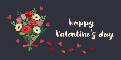 Hand-drawn Valentine’s Day greeting card with a colorful floral bouquet red hearts, and handwritten typography saying “Happy Valentine’s Day” on a black background.  Romantic, cute © ศิริรัตน์ จันเต
