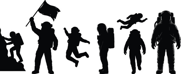 Silhouette astronauts exploring space, walking, jumping, climbing, floating, holding flag, space mission crew, cosmic adventure illustration, astronaut concept art © MstAfzalun
