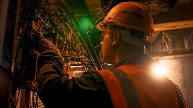 Industrial Electrician Inspecting Control Panel Wiring Inside Factory Facility With Safety Helmet Showing Skilled Maintenance Work and Technical Precision