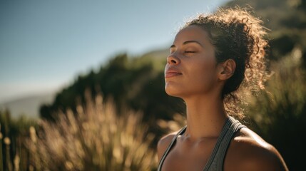 Peaceful woman breathing deeply, feeling the warm sunshine in a scenic nature setting, tranquility and mindful meditation concept.