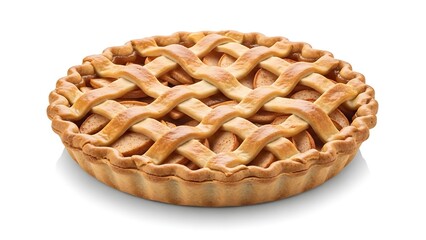 A delicious golden-brown apple pie with a classic lattice crust, baked to perfection and ready to be served, isolated on a white background.
