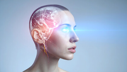 Futuristic human head with transparent skull revealing AI chip implants and neural circuitry design