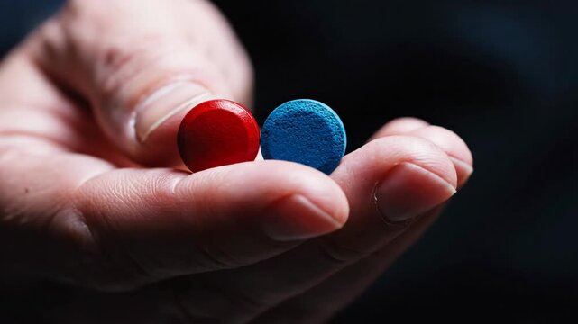 A hand offers a red and a blue pill presenting a choice. The Matrix metaphor for a difficult decision between truth and illusion.