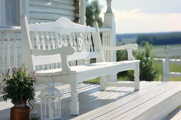 A charming white bench sits on a wooden porch, surrounded by greenery and sunlight, creating a serene outdoor space perfect for relaxation.