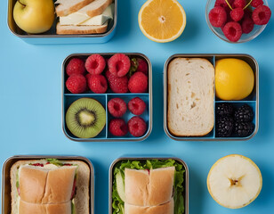 healthy breakfast with bread, Wholesome lunchtime concept portrayed from a top-down view. The lunchbox holds nutritious sandwiches, fruits, nuts and berries on blue isolated background, offering copie
