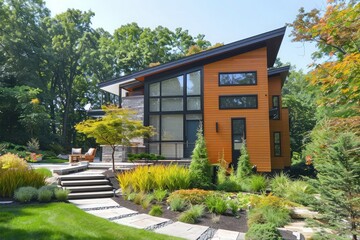 Modern two-story orange house with large windows and lush garden landscaping