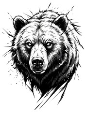 Hand-drawn pencil sketch of a grizzly bear head with ink splatters. High-quality graphic scan, aggressive animal tattoo design, and powerful wild bear print. Manual art.