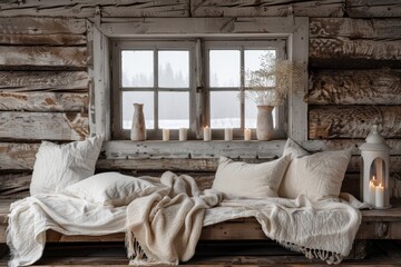 A cozy indoor space with a rustic wooden wall, featuring soft cushions, candles, and decorative elements, creating a warm and inviting atmosphere.