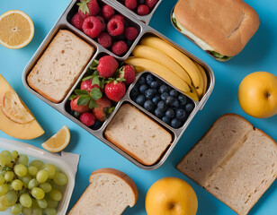healthy breakfast with bread, Wholesome lunchtime concept portrayed from a top-down view. The lunchbox holds nutritious sandwiches, fruits, nuts and berries on blue isolated background, offering copie