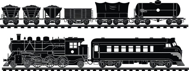 Collection of black silhouette trains including steam locomotive passenger car and freight wagons on tracks isolated on white for transport design © farzana