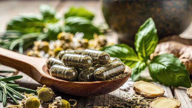 Herbal medicine capsules on a wooden spoon with fresh herbs. Natural remedies including ginger, basil, and chamomile for alternative wellness. Holistic health concept