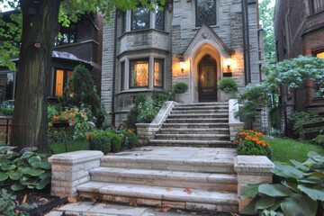 A charming stone house with a well-maintained garden, featuring stairs leading to a welcoming entrance, surrounded by lush greenery.