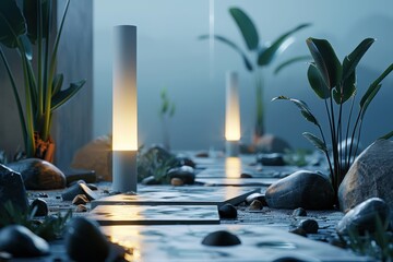 A serene, illuminated pathway surrounded by plants and stones, creating a tranquil atmosphere in a modern landscape.