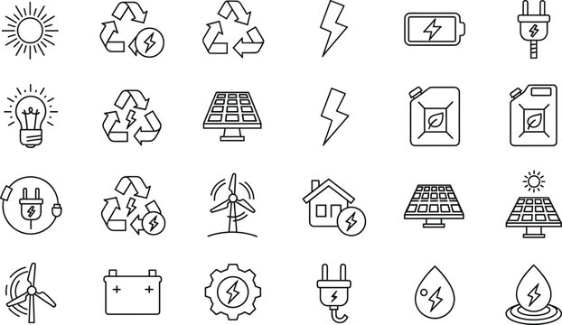 Renewable energy and electricity outline icon set with solar wind battery recycle and power symbols for sustainable design