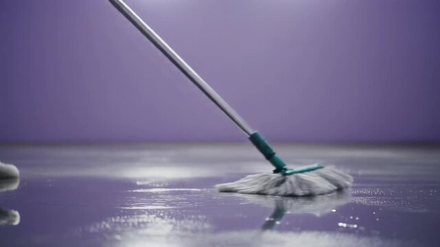 Mop on purple floor with matching background. Cleaning supplies concept. Household chores, janitorial services, spring cleaning, housekeeping blogs.