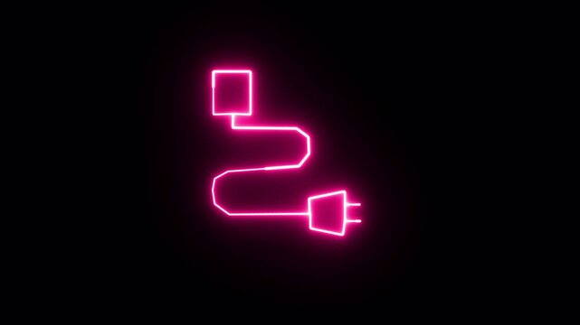 Electric station charging power cable. 4K illustration. Icon electrocar charge point station neon flash button.