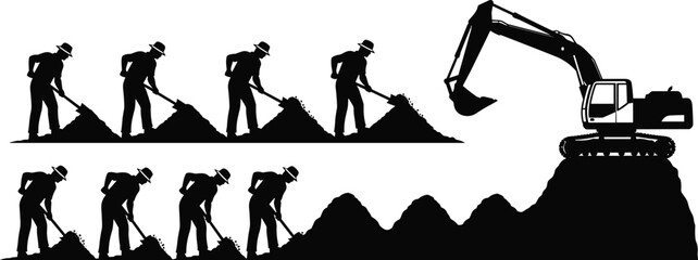 Construction site silhouette with manual laborers digging dirt alongside a heavy hydraulic excavator machine for earthmoving and industrial building projects. © farzana