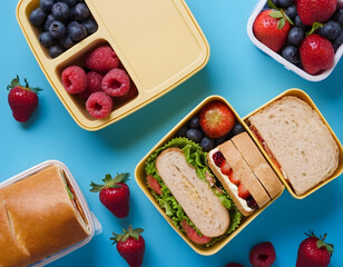 healthy breakfast with bread, Wholesome lunchtime concept portrayed from a top-down view. The lunchbox holds nutritious sandwiches, fruits, nuts and berries on blue isolated background, offering copie