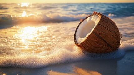 Halved coconut on a sandy beach at sunrise, with ocean waves.