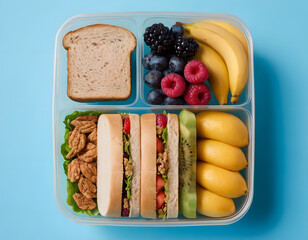 healthy breakfast with bread, Wholesome lunchtime concept portrayed from a top-down view. The lunchbox holds nutritious sandwiches, fruits, nuts and berries on blue isolated background, offering copie