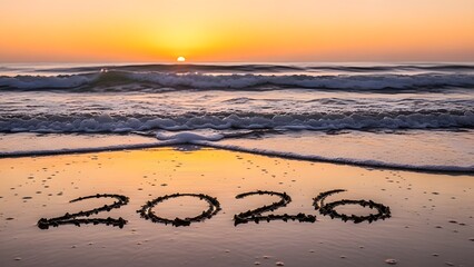 Upcoming year 2026 written on a tranquil sandy beach with a vibrant sunrise