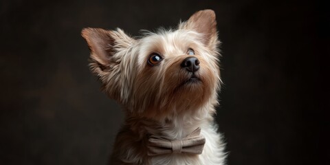 Dog with bow tie looking up in a dark setting during indoor photoshoot