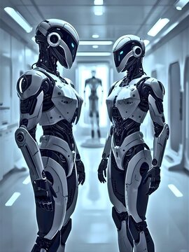 Two futuristic humanoid robots standing in a high-tech laboratory background