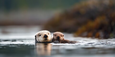 Obraz premium Otters with their young floating on water in a natural habitat during daylight