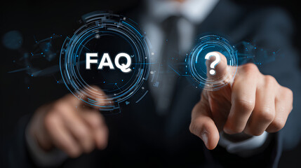 Businessman clicking Q and A or FAQ button on digital platform representing questions and answers information sharing communication and customer support concepts