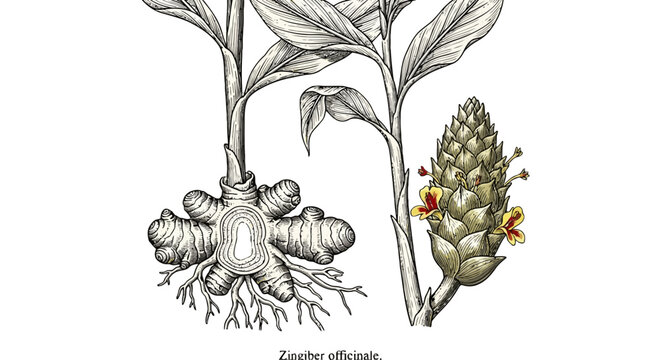 Botanical illustration of the zingiber officinale plant showing its distinctive rhizome and flowering spike isolated on transparent background, Vector