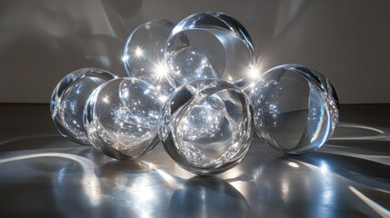 Cluster of translucent glass spheres reflecting light on dark surface.